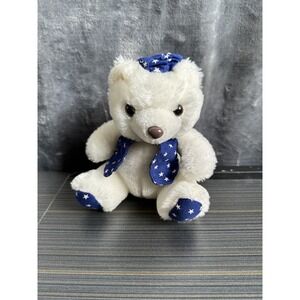 Vintage White Teddy Bear With A Blue Jacket Vest Hat And Feet With White Stars